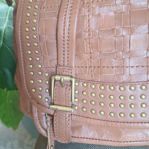 The Sak Brown Basketweave‎ Large Crossbody Purse BAG Gold Studded LEATHER Hobo - Picture 2 of 11